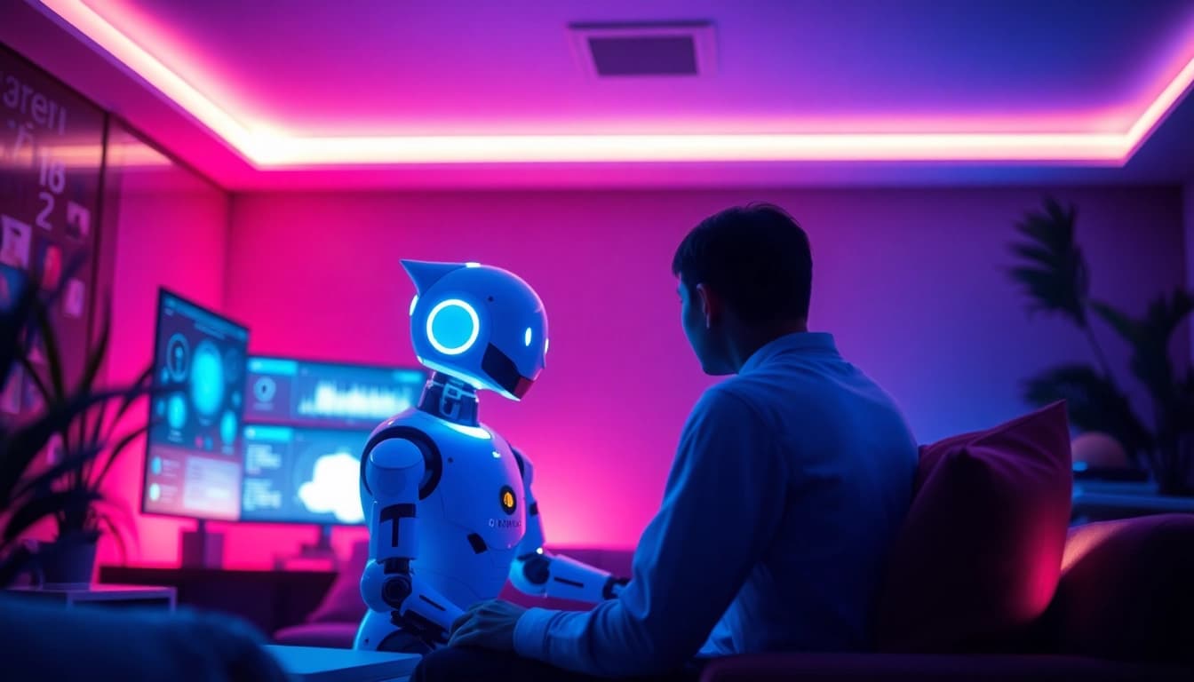 Engaging interaction in ai sex chat environment with user and friendly AI character.