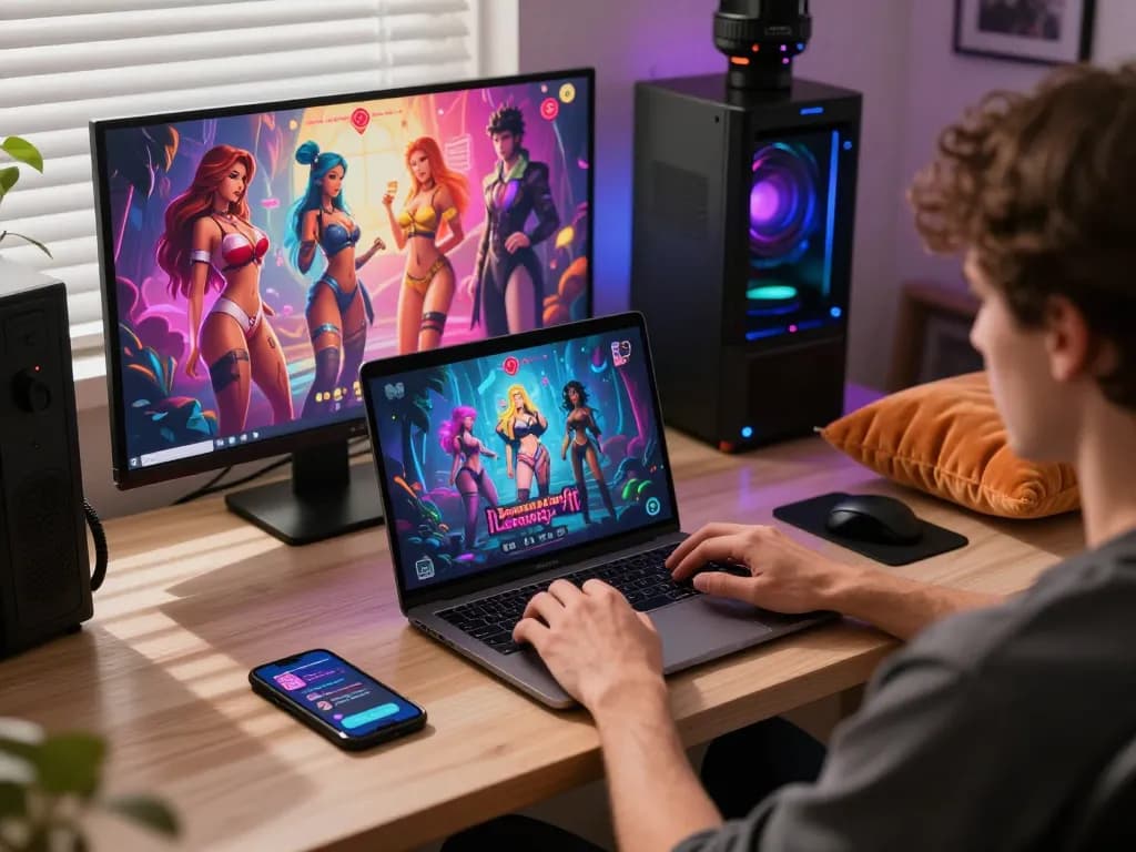 Engaging adult gaming setup for Degrees of Lewdity with vibrant art and immersive atmosphere.