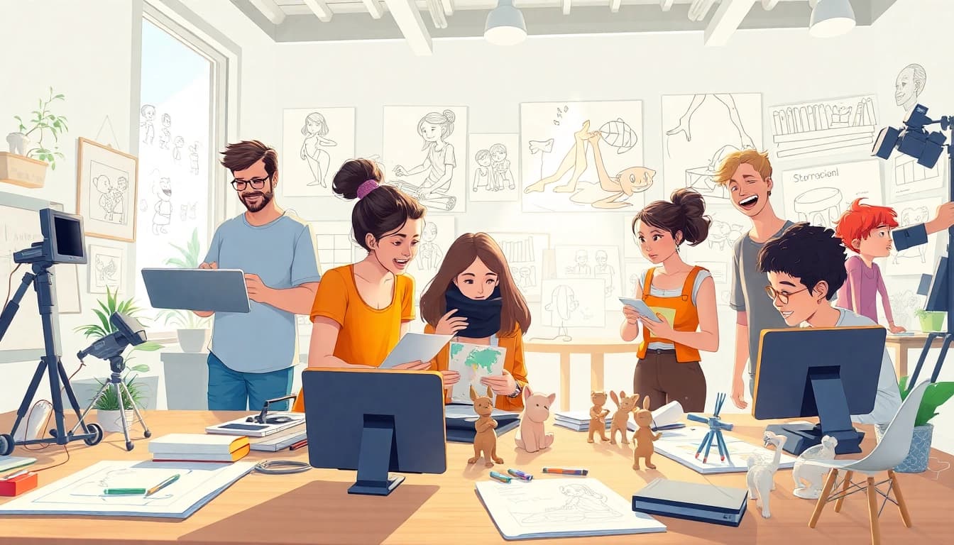 Das kreative Team arbeitet an 2D Animation mit Skizzen und Animationstools im modernen Studio.