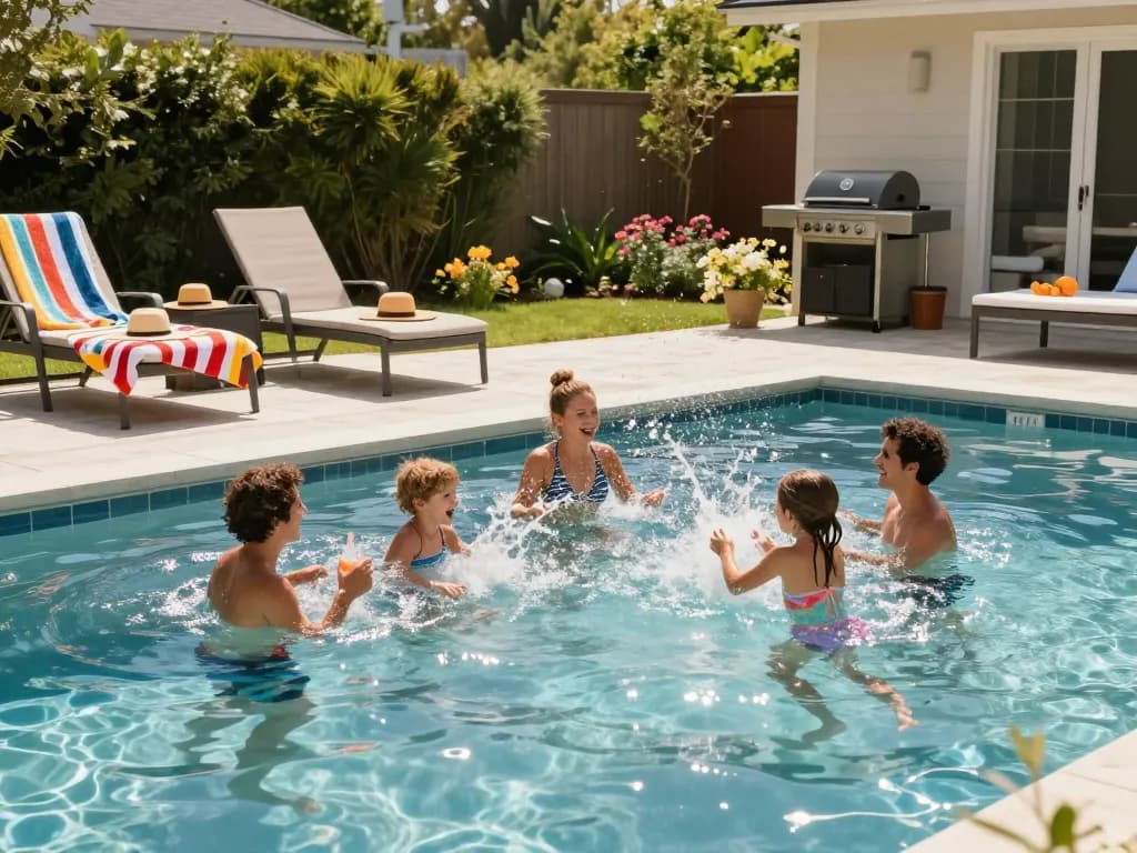 Dolphin Pool Services enhancing family enjoyment with a sparkling pool in a beautiful backyard setting.