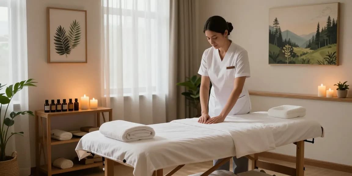 Swedish massage setup at https://www.makangs.com/ with ambient lighting, essential oils, and relaxing atmosphere.