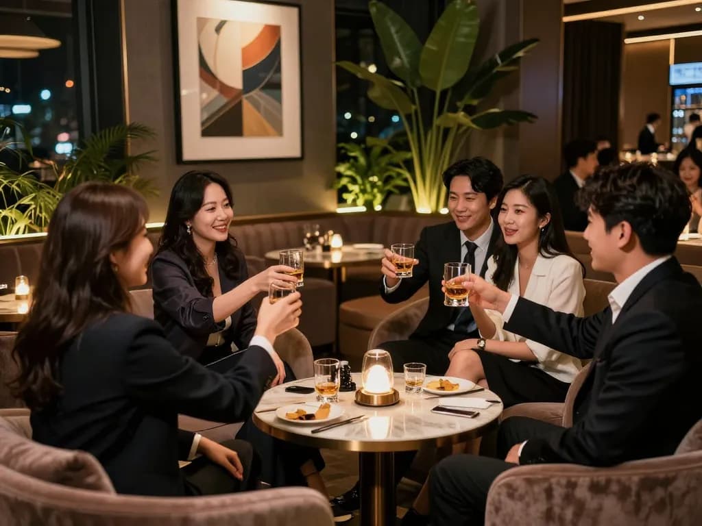 Group enjoying a premium experience at 강남쩜오 nightlife venue with whiskey and elegant ambiance.