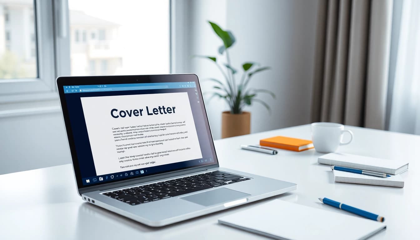 Create an engaging cover letter efficiently using Cover Letter Generation tool on a laptop in a bright workspace.