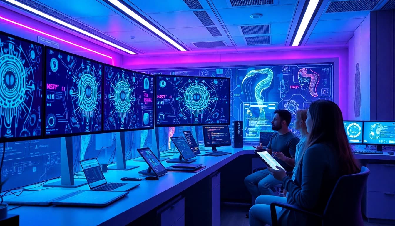 AI technology lab highlighting NSFW AI innovations with diverse professionals.