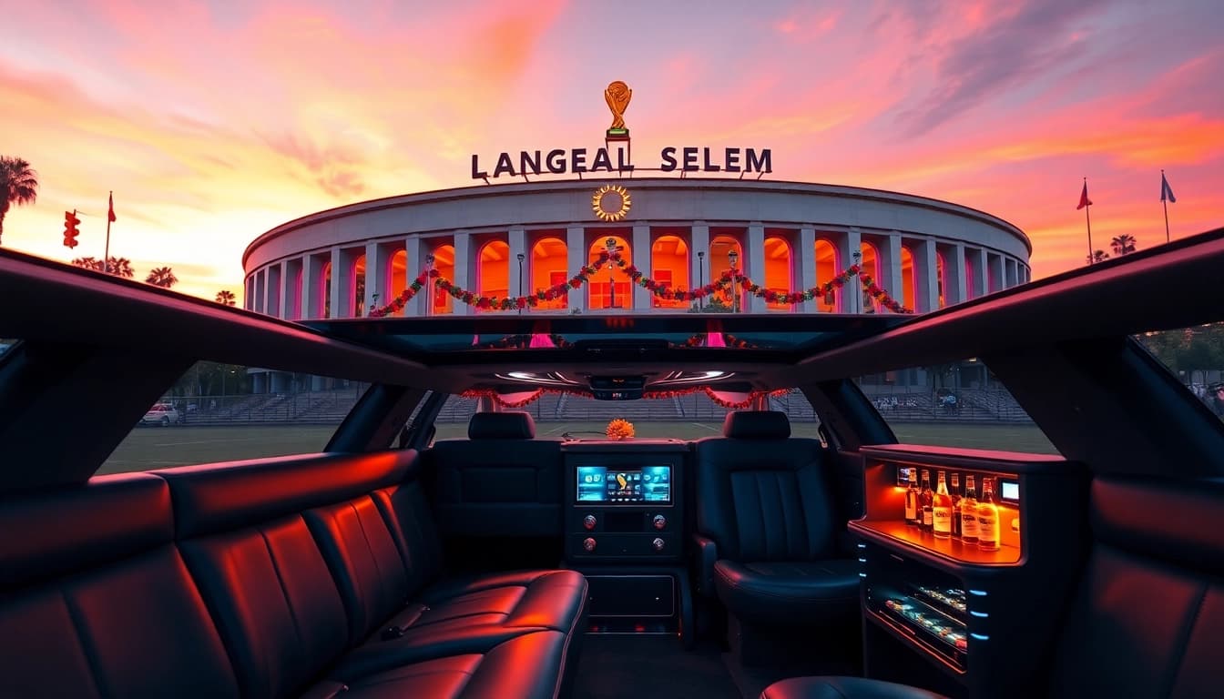 World Cup Group Transportation featuring a luxurious limousine in front of LA Memorial Coliseum with festive decorations.