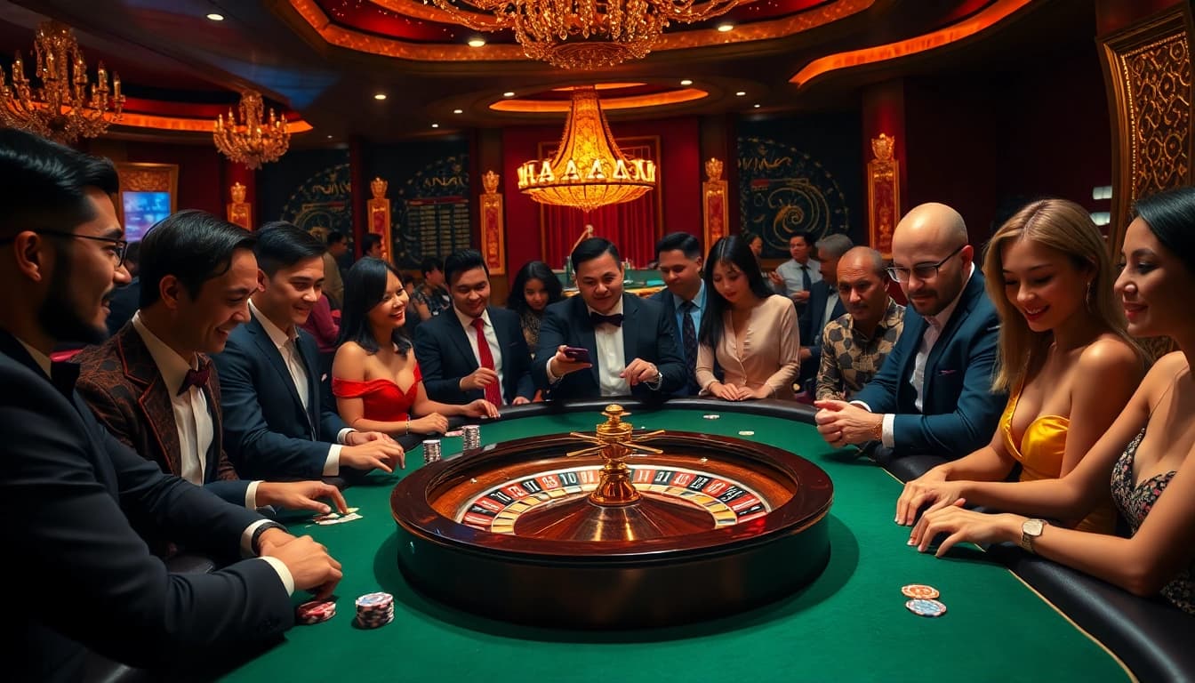 Para pemain merayakan kemenangan Datuk Win di meja kasino yang penuh warna, dikelilingi chip dan kartu.