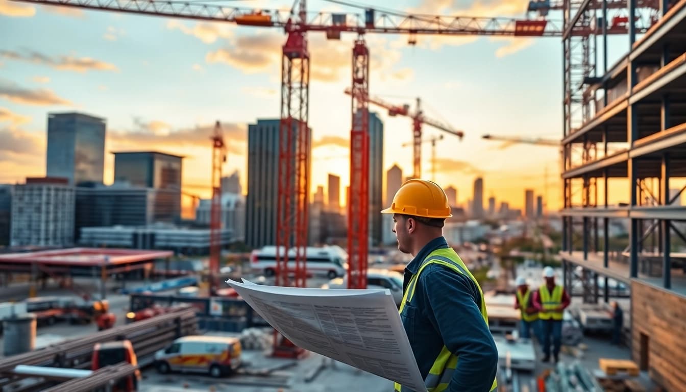 Austin construction site bustling with activity, showcasing teamwork and city development.