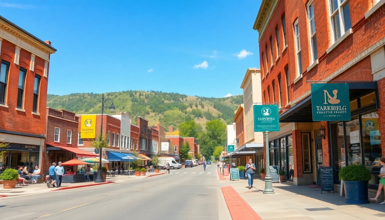 Visitors enjoying Clarksburg's vibrant downtown atmosphere with historical buildings and shops.