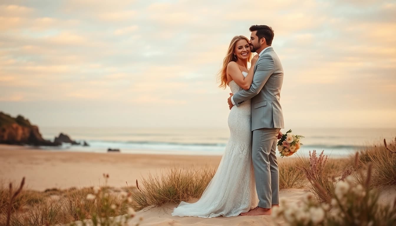 Experience breathtaking Carmel wedding photography showcasing a joyful couple against a beautiful beach backdrop.