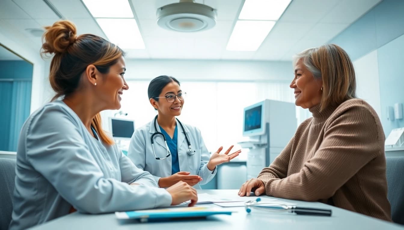 Engaging healthcare provider discussing Health with a patient in a bright clinic.