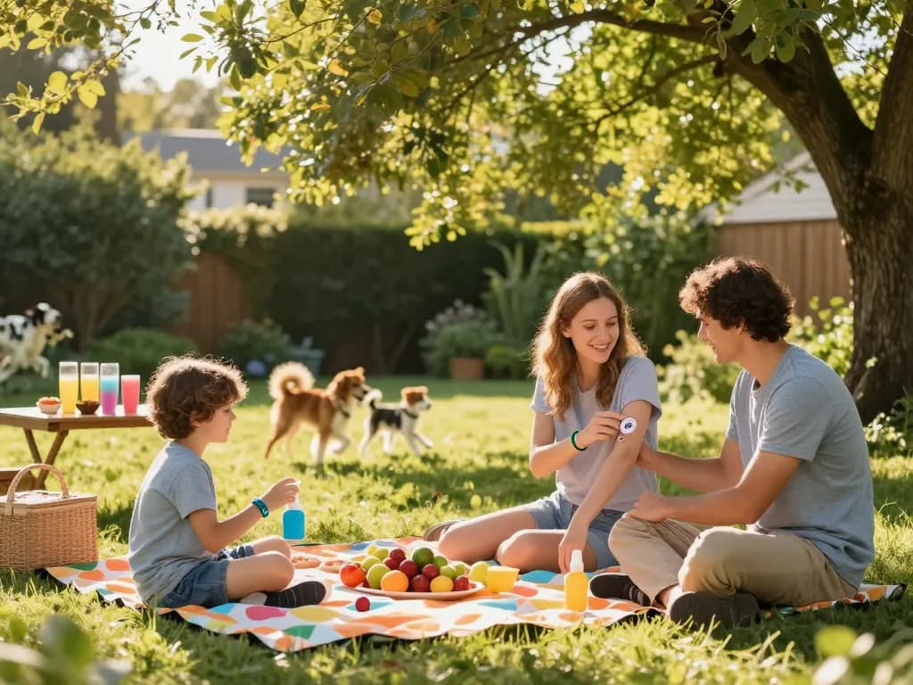 Family enjoying an outdoor picnic while using mosquito repellent for protection in a sunny backyard.