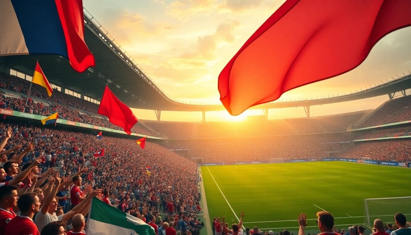 축구중계에 열광하는 팬들이 있는 감동적인 축구 경기 장면