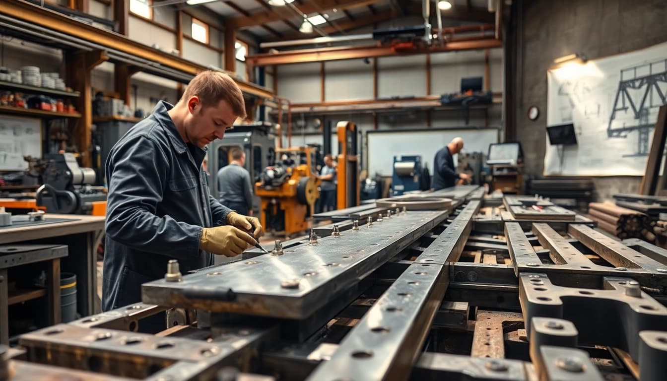 Creating custom steel fabrication in a professional workshop showcasing artisans at work.