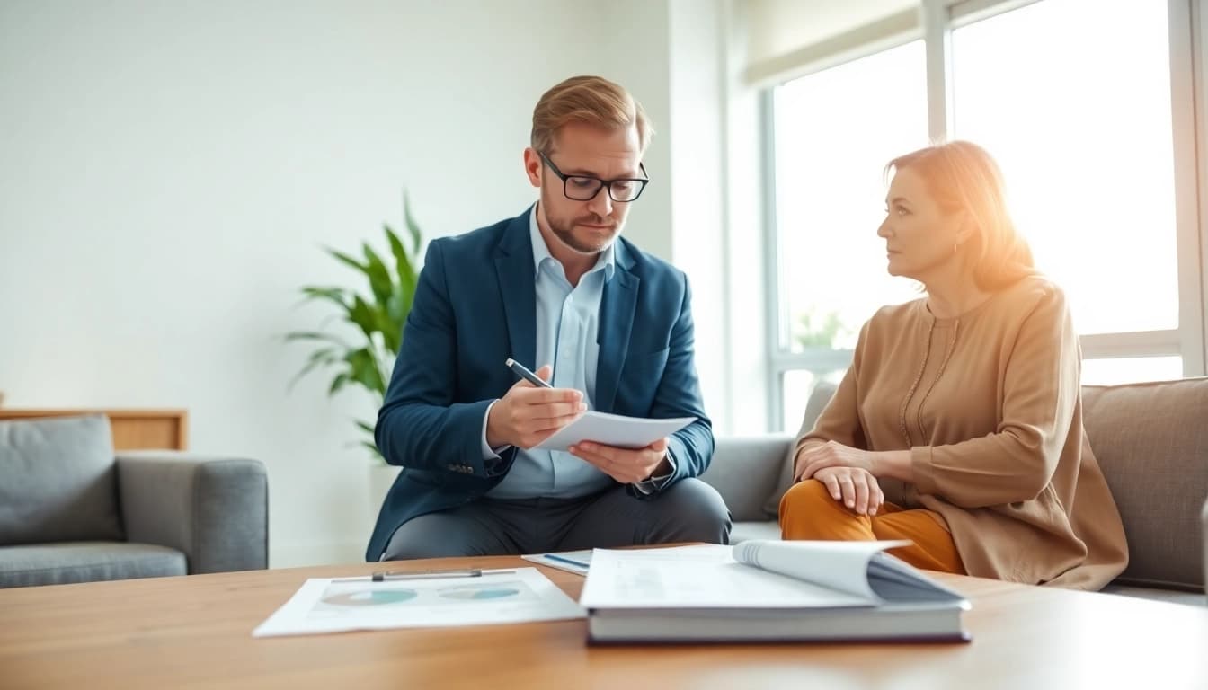 Couple engaging in retirement planning San Antonio with a financial advisor in a modern office.