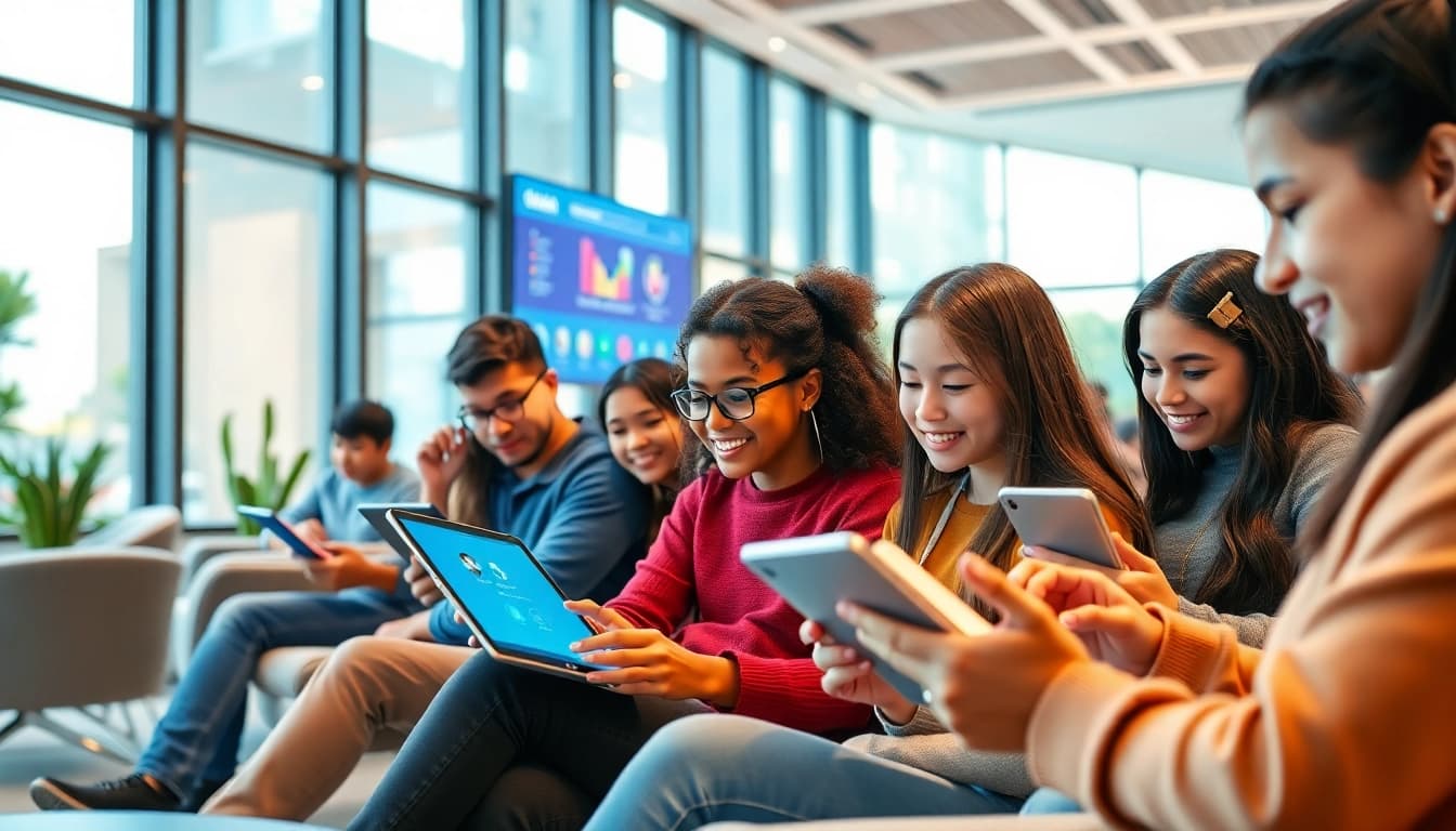 Youdao language learning app showcased in a modern educational setting, with students engaged in digital learning.
