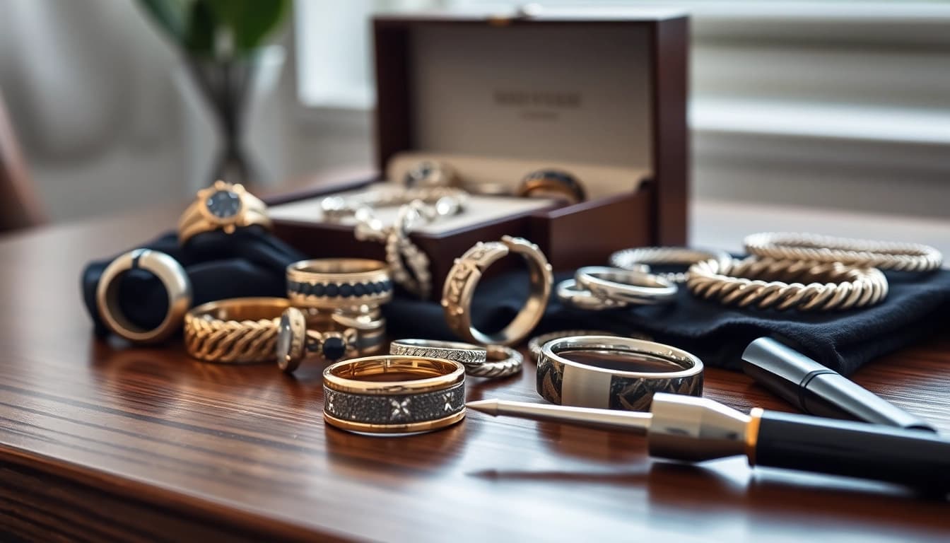 Showcase display of men's jewelry featuring stylish rings, bracelets, and necklaces.