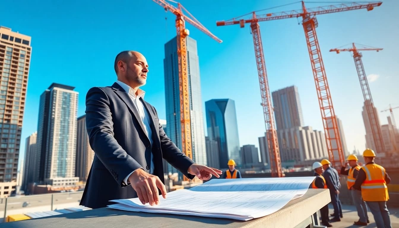 New York City Construction Manager overseeing construction activities at a busy site with blueprints.