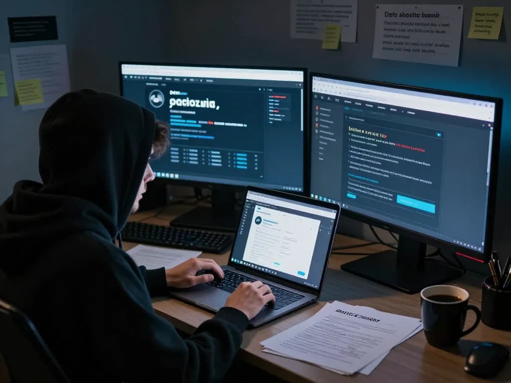 Person researching hidden wiki onion links in a dimly lit room with multiple monitors.