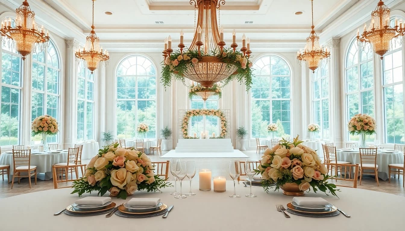 Stunning wedding event space Jacksonville with elegant decor and elegant table settings.
