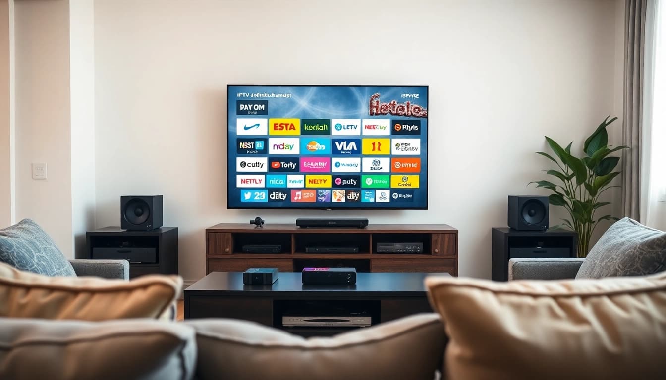 Watch diverse channels on IPTV Suisse with a cozy streaming setup in a modern living room.