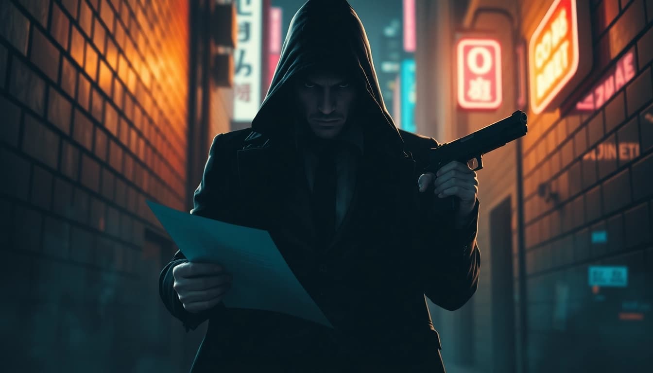 Engaging scene with an assassin representing Contracts and Bullets gripping a contract and gun.