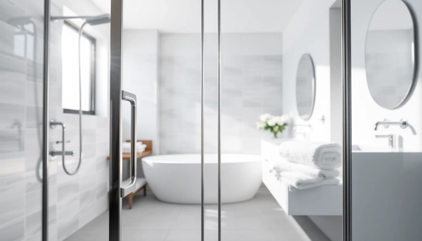 View of sunney shower doors in a modern bathroom showcasing elegance and stylish design.