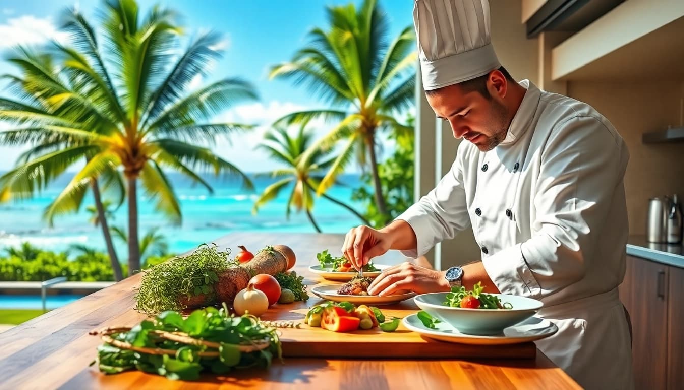 Create culinary magic as a St Martin Private Chef crafts an exquisite meal in a tropical kitchen.