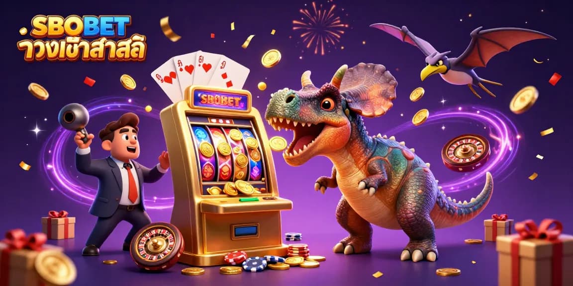SBOBET ทางเข้าล่าสุด showcases a pachycephalosaurus hitting a jackpot slot machine amidst flowing golden coins in a vibrant casino setting.