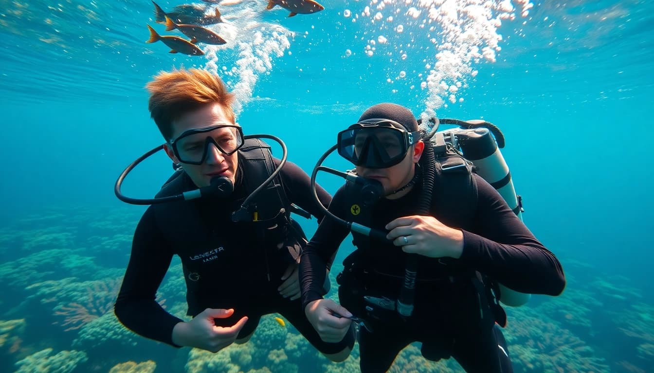 SSI Open Water Diver Kurs unter Wasser mit einem Tauchlehrer, der einen Schüler begleitet.