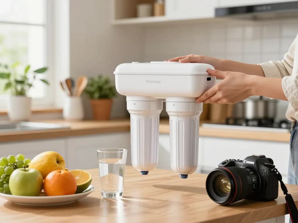 Person replacing the Waterdrop UKF8001 Refrigerator Water Filter 4 in a bright kitchen, emphasizing clean water and healthy living.