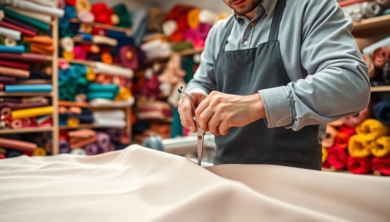 Zachte stof voor kleding wordt nauwkeurig geknipt door een professionele kleermaker in een heldere werkplaats.