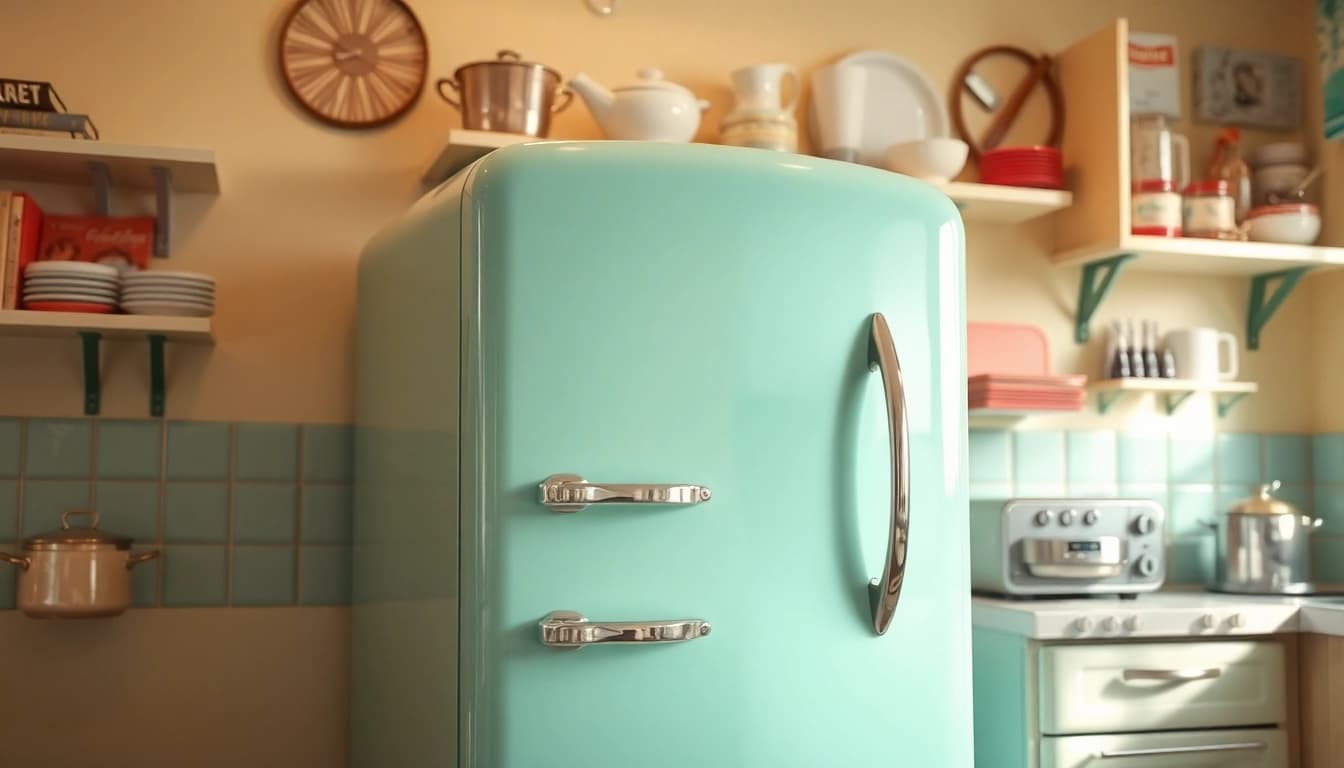 A retro appliance, a mint green refrigerator, stands in a vintage kitchen, radiating nostalgia.