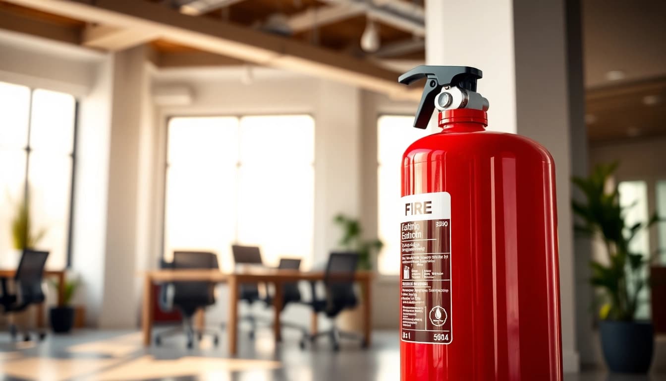 Securely mounted electrical fire extinguisher in an office, emphasizing safety and readiness.