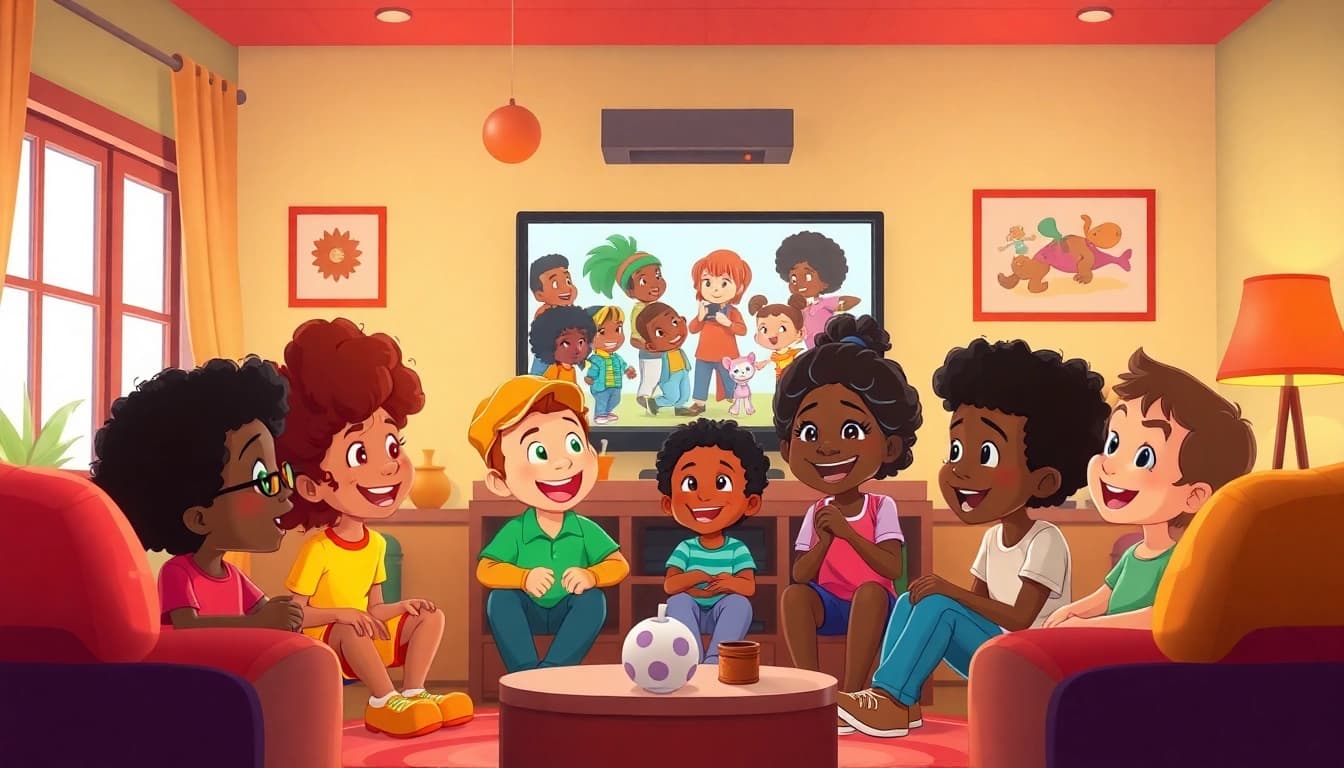 A group of children enjoying African American Cartoons in a cozy living room setting, promoting diversity and joy.