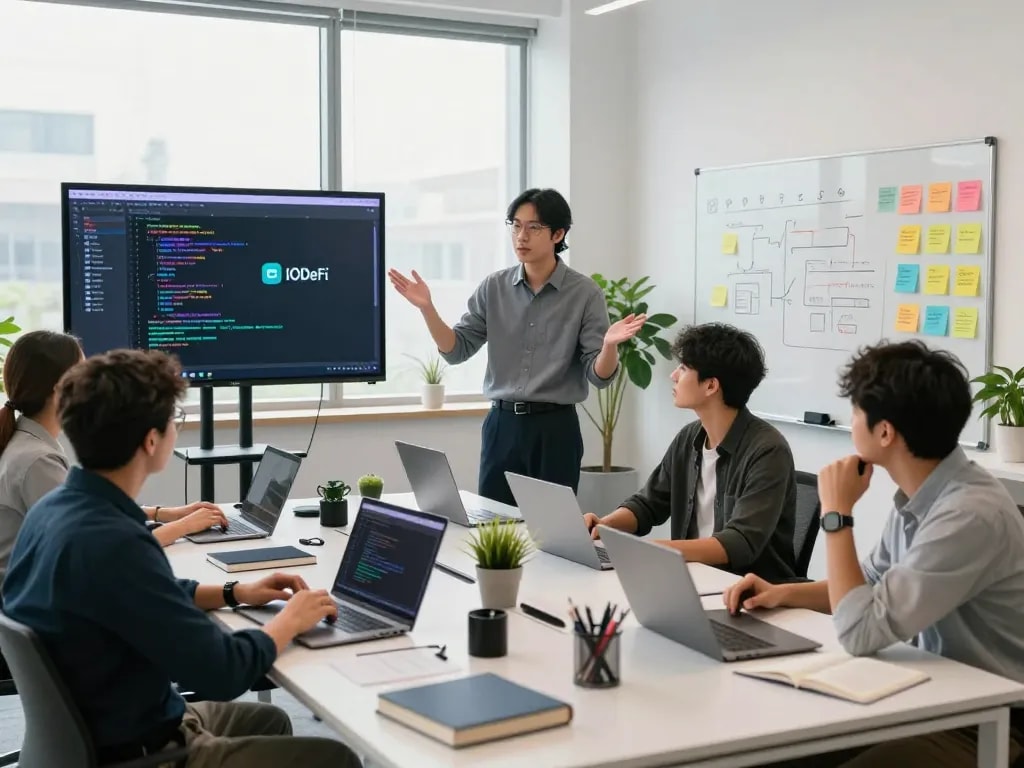 Developers collaborating on IODeFi smart contract in a modern office setting, showcasing innovative tech environment.