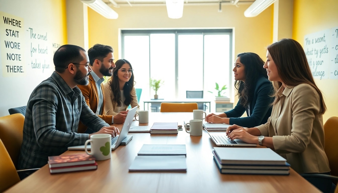 Engaged professionals discussing to find my true calling in a motivating and bright office setting.