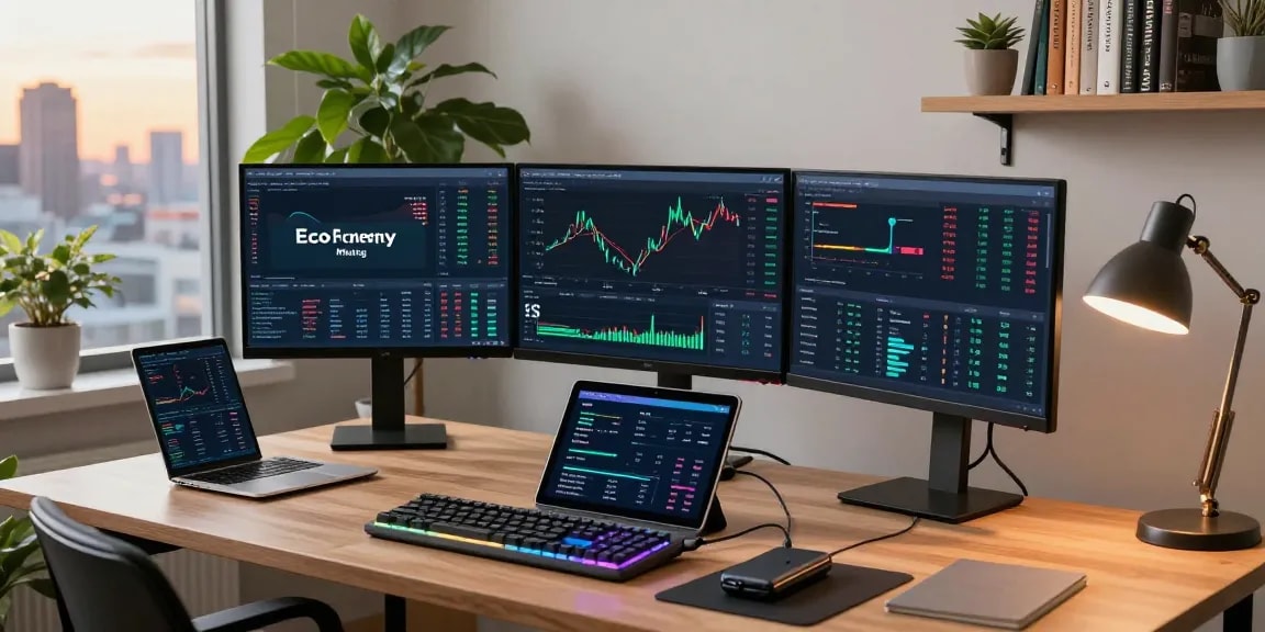Eco friendly crypto mining workspace showing digital wallets, cryptocurrency charts, and DeFi analytics for secure blockchain trading.