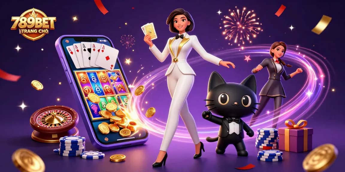 Experience excitement at 789BET TRANG CHỦ with a glamorous dealer, poker chips, and thrilling casino games.