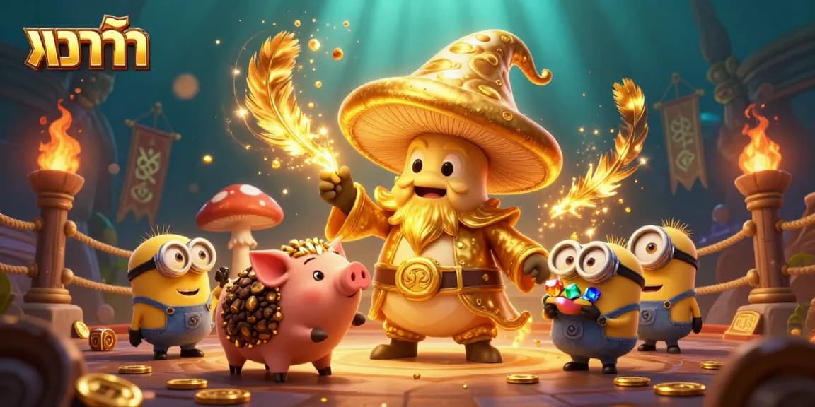 Engage in thrilling บาคาร่า gameplay with a wizard and treasure-seeking pig in an enchanted scene.