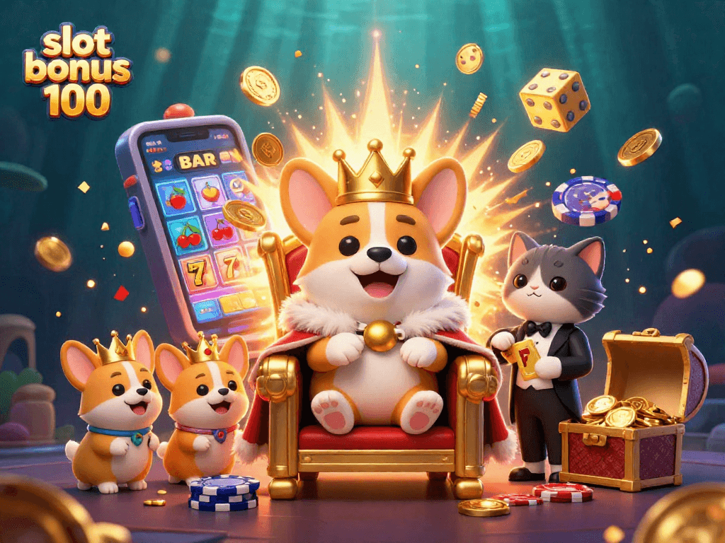 Engage with slot bonus 100 in a vibrant 3D casino illustration featuring a royal corgi and dynamic game elements.