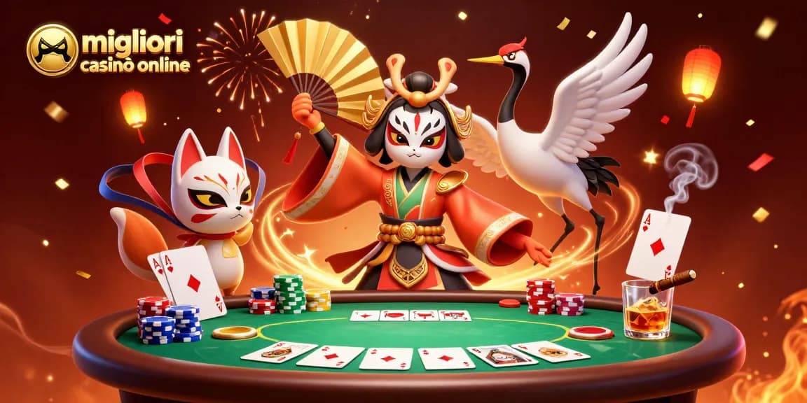 I migliori casinò online: un'illustrazione di un guerriero kabuki in un casinò vibrante con luci e giochi di carte
