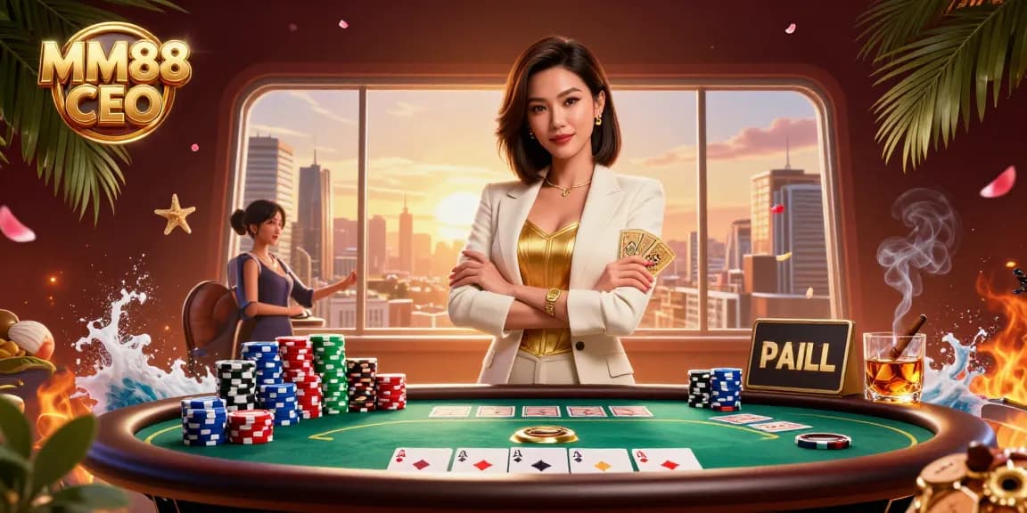 Experience the thrill of gambling with MM88 CEO, showcasing a powerful businesswoman in a glamorous casino setting.