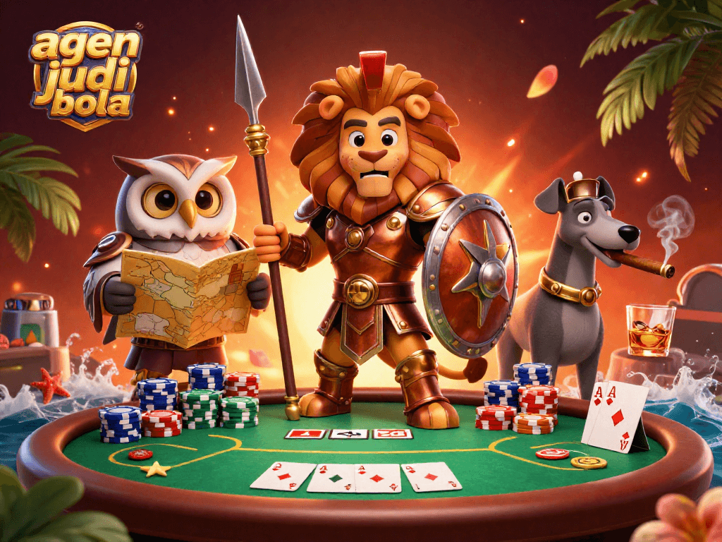Engage with top agen judi bola strategies at a vibrant 3D casino scene filled with poker action.