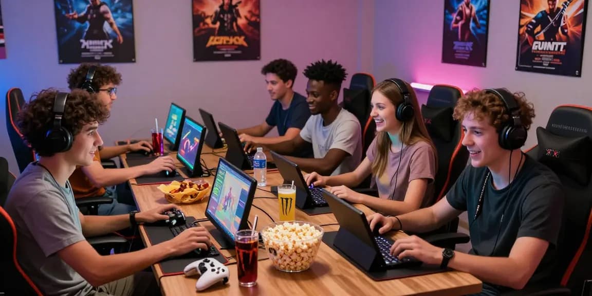 Gamers enjoying xxx games in a vibrant gaming lounge with snacks and devices.