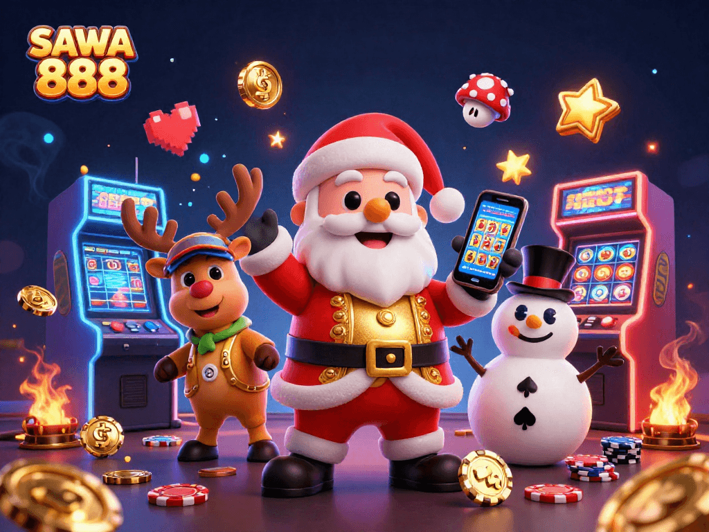 Experience SAWA 888 with our cartoon characters enjoying sparkling jackpot slots, perfect for engaging gameplay.