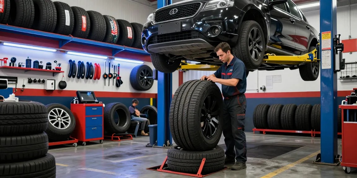 Tire services near me in a professional garage with a mechanic inspecting tires.