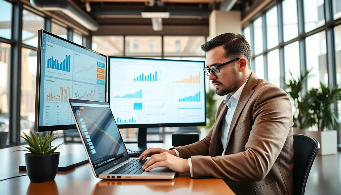 Engaged professional using a linkedin data extraction tool in a modern office setting.