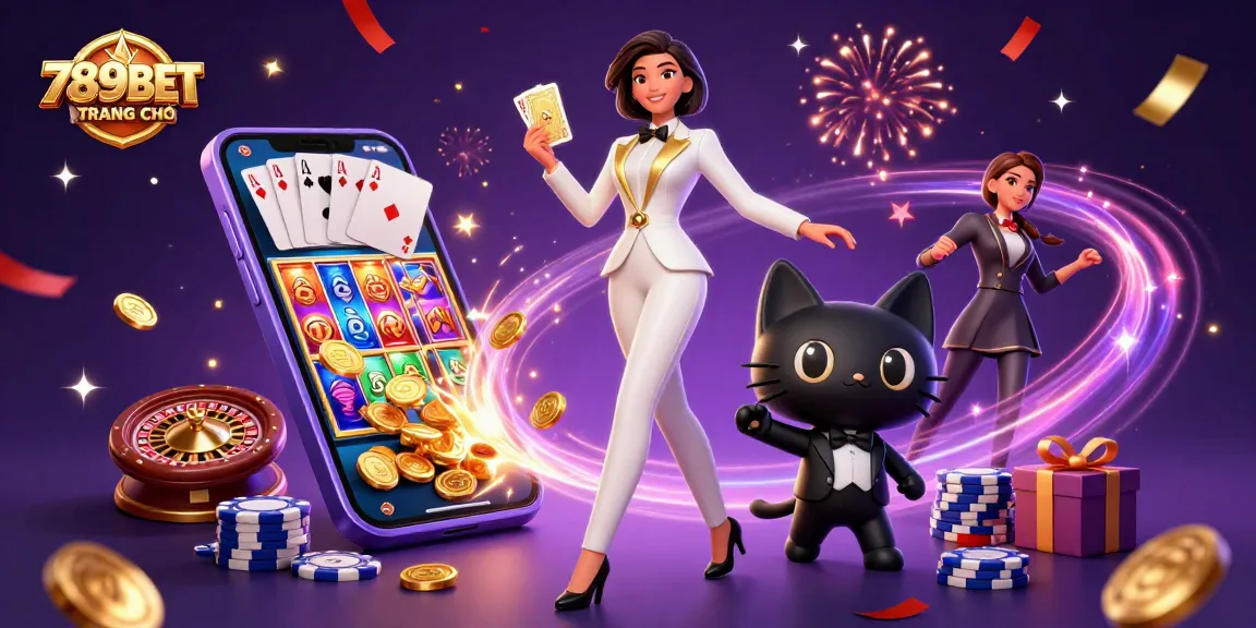 Experience excitement at 789BET TRANG CHỦ with a glamorous dealer, poker chips, and thrilling casino games.