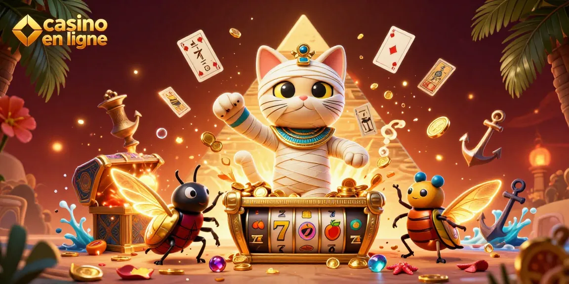 Vivre une expérience passionnante dans un casino en ligne avec un chat momie égyptien et des éléments de jeu.