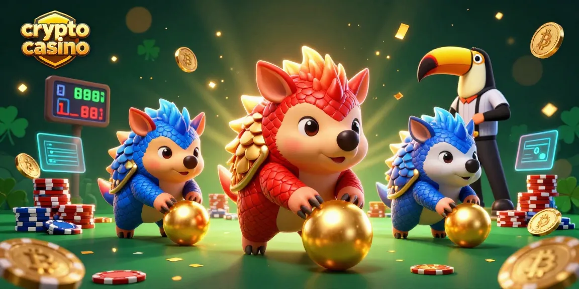 Jeux de casino crypto avec des pangolins rivalisant et des éléments Bitcoin en action.